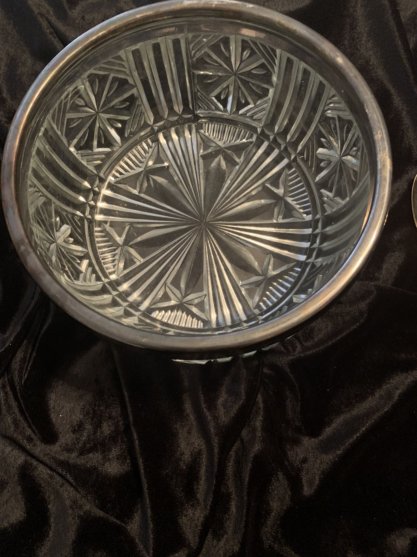 Salad Bowl With Silverplate Rim &Sheffield Silverplate Utensil