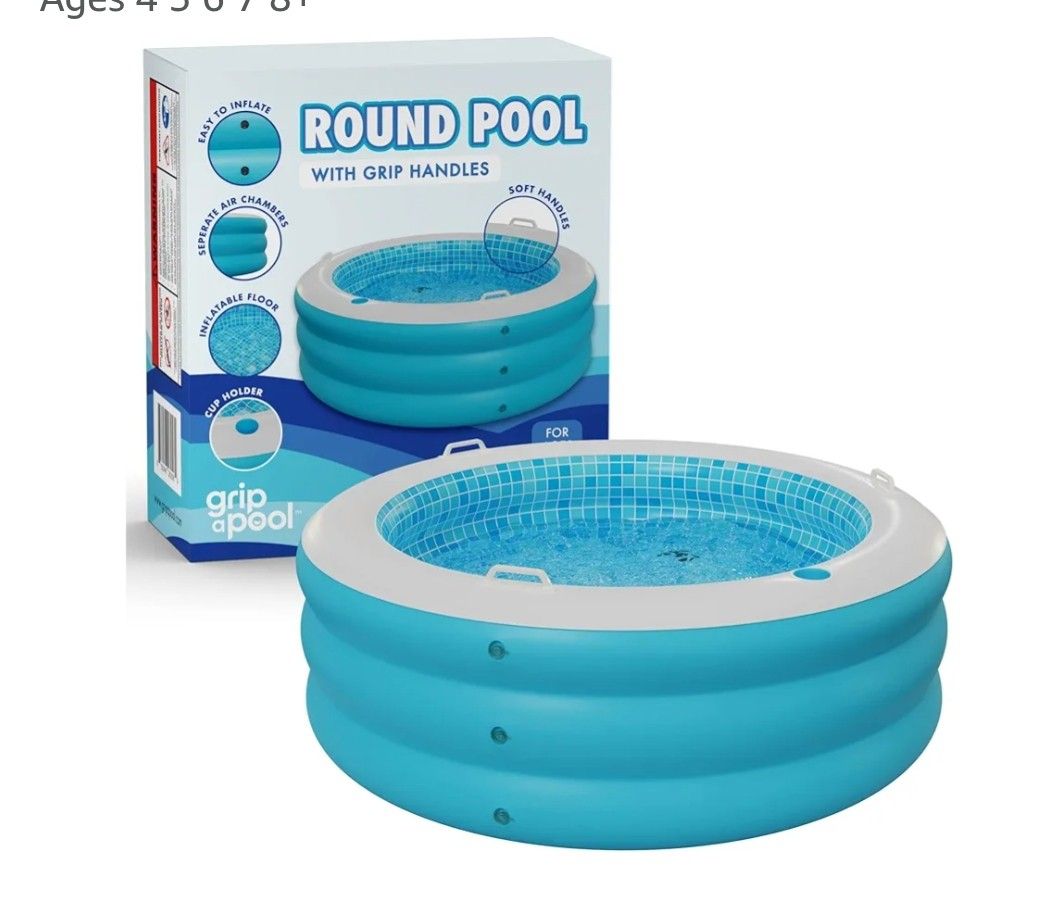 Inflatable Round Swimming Pool with Blow Up Padded Floor, Cup Holder, Handles and Drain - 60"x22" Deep Round Large Kiddie Pool Perfect for Adults and 