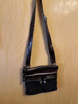 Brand new Brighton Go Go Black Nylon & Brown Croc Pattern Leather Crossbody Handbag