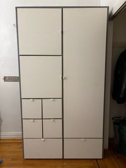 White and Gray Wardrobe with Drawers and Doors