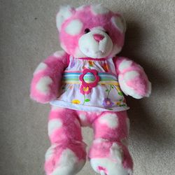 BAB plush pink Valentine Heart Bear Embroidered nose foot build a bear Rainbow Belt Floral Tshirt