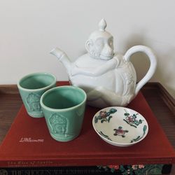 Vintage White Monkey Teapot with Pair of Buddha Tao Cups  