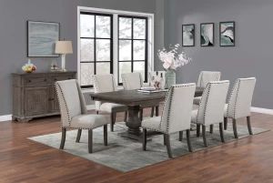 Brand new brown formal dining table (76" + 18" LEAF x 42" x 30"H) + 8 biege linen chairs