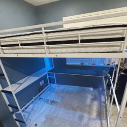 White Metal Loft Queen Bed Frame w/ Desk – Space Saver Setup 🔥