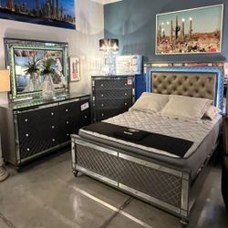 Gray Led Bedroom Set/ Dresser,Mirror, NightStand, Bed, Chest// Mattress Sold Separately 