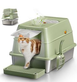 Open Box EOSARCU Stainless Steel Cat Litter Box with Lid, XL Large Enclosed High Sided Litter Box with Removable Lid, Carbon Filters -Odor Free, Easy