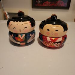 Vintage pair of Japanese Kokeshi Doll Laquerware lidded Bento Boxes.

