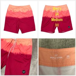 Men's Hollister California 34 Swim Shorts Trunks Board Hybrid Maroon Peach NWOT
