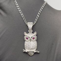 Solid 925 Sterling Silver Red-Eyed CZ Owl Pendant with 20in Curb Chain