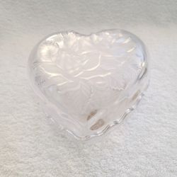 Crystal Heart Shaped Candy Dish Etched Glass Frosted Roses & Leaves