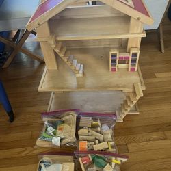 Wood Dollhouse With Wood Furniture 