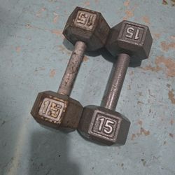 Pair Of 15lb Hand Dumbell Weights Iron Metal