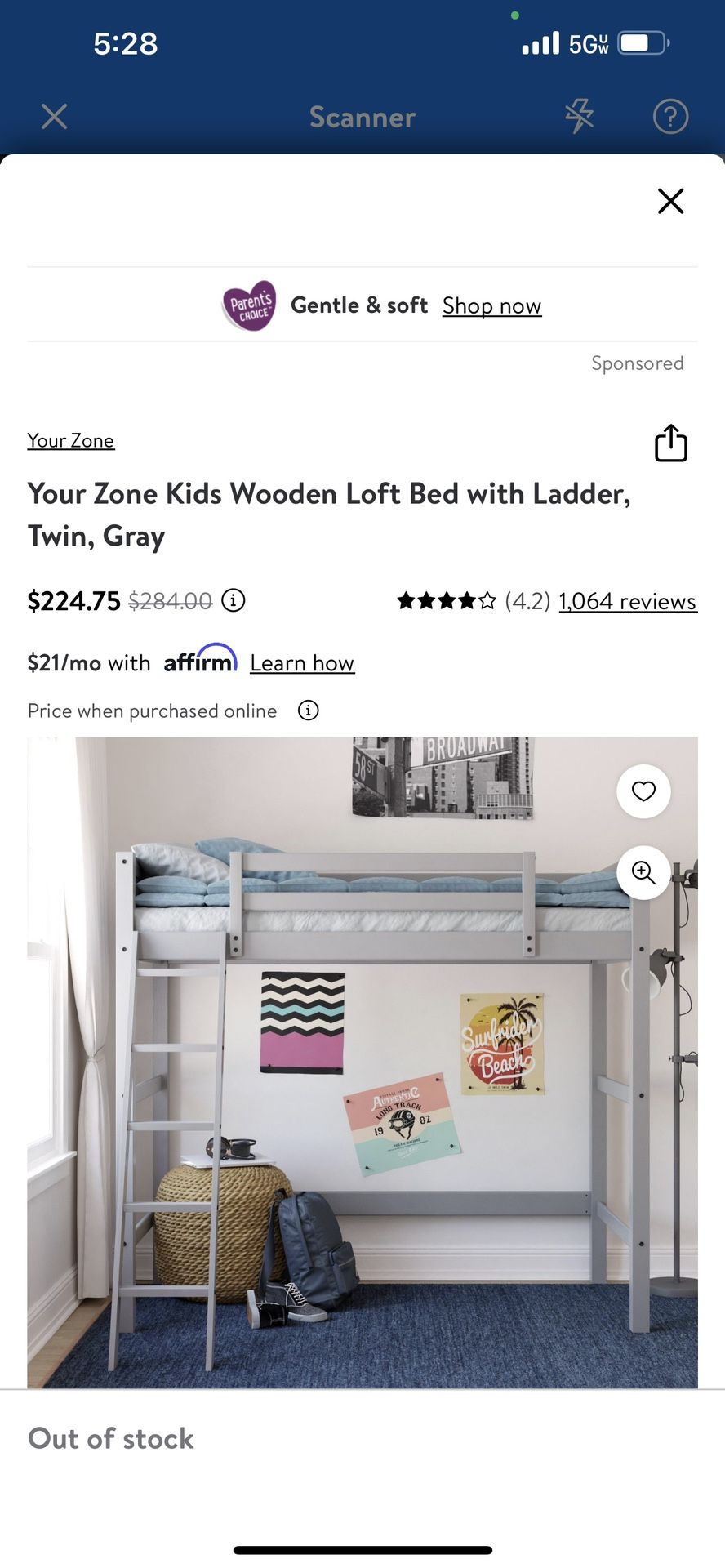 Your Zone Kids Wooden Loft Bed with Ladder, Twin, Gray. ladder has all steps except for one Pm if interested