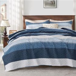 (New Factory Sealed)  Andency California King Quilt Set Navy Blue, 3 Pieces Bedspreads | Ultra Soft Lightweight Cal King Coverlets Set, Patchwork Stri