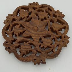 Vintage Hand-Carved Floral Star Design Wooden Trivet