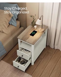 Side Table with Charging Station, Narrow Nightstand with 2 Drawers, Living Room End Table with Storage, for Small Spaces, Coastal Style, Vintage White