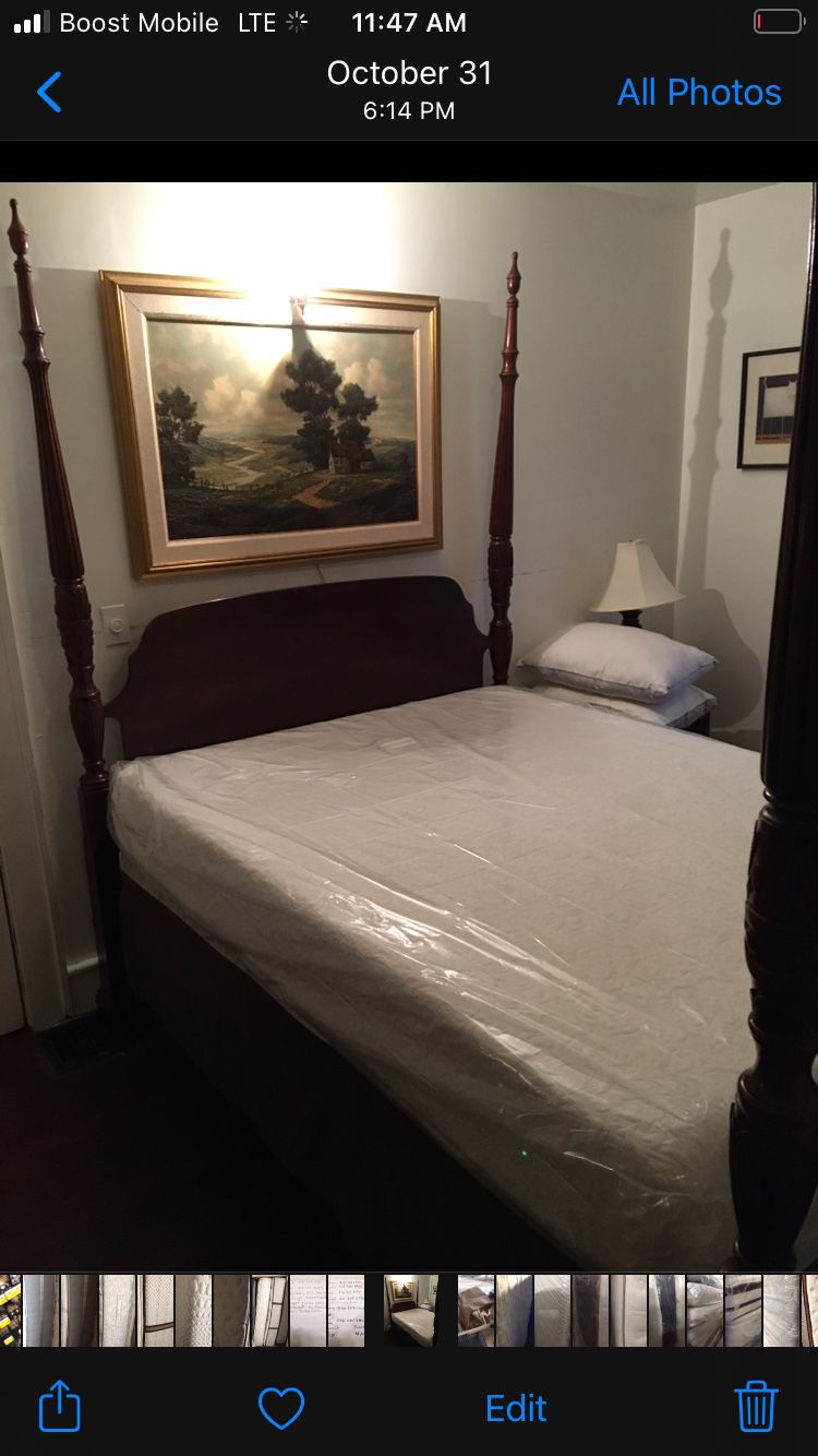 Antique cherry four poster Queen size bed frame with $1500 memory foam mattress and box springs included