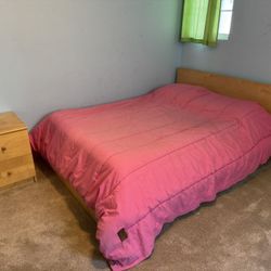 Full Size Wood Frame, Mattress, and End Table