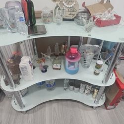 Curved Bar Table With Tempered Glass, Top/Metal Base w/Chrome Bar Stand, Multi-Level. Poundex (Brand)