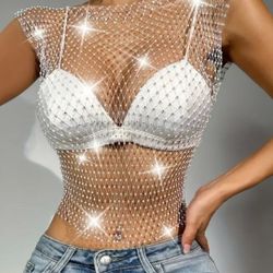 WHITE FISHNET WITH RHINESTONE TANK TOPS 