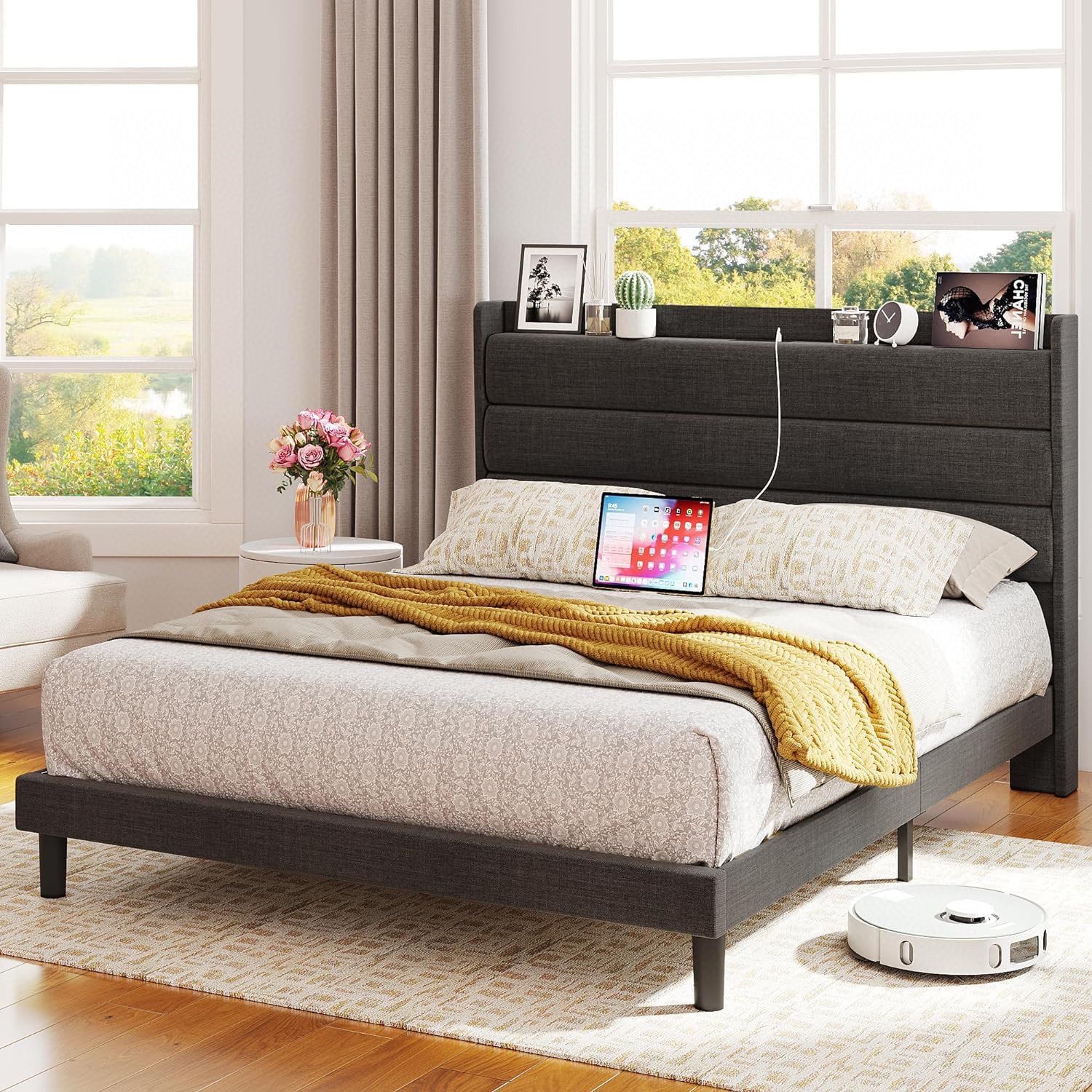 Queen Size Bed Frame, Storage Headboard with Outlets, Sturdy and Stable, No Noise, No Box Springs Needed, Dark Gray