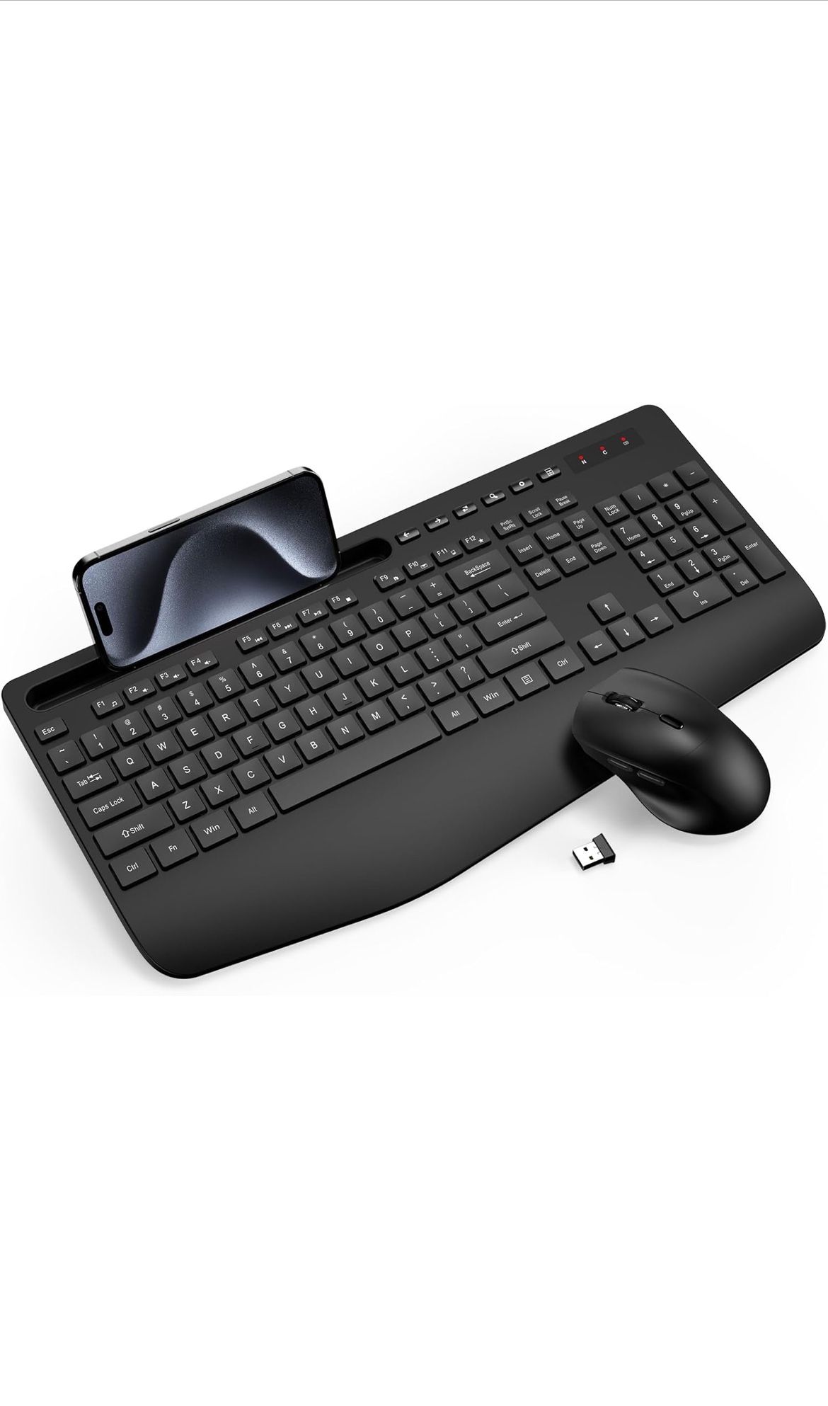 Wireless Keyboard and Mouse Combo - Full-Sized Ergonomic Keyboard with Wrist Rest & Phone Holder