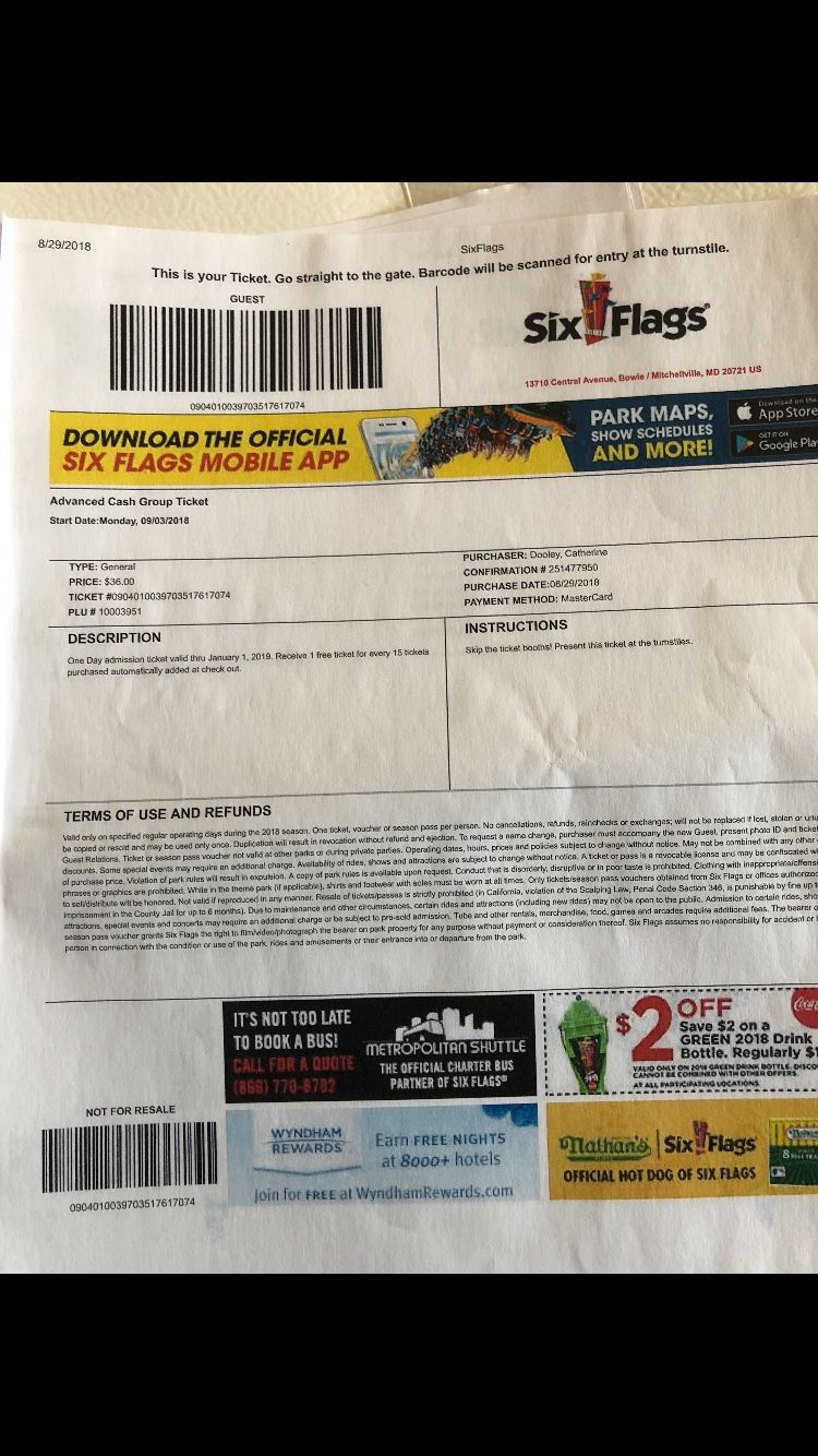 5 individual six flag tickets $25 each ticket