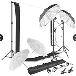 HYJ-INC Photography Umbrella Continuous Lighting Kit,Muslin Backdrop Kit(White Black), Backdrop Clips Clamp,10ft Photo Background Photography Stand 