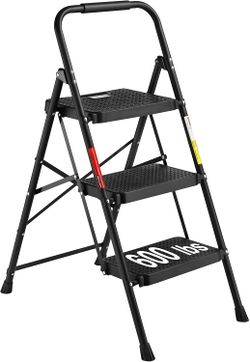 BONTEC 3-Step Ladder, Folding Step Stool, 600lbs Max Load Capacity, Sturdy Steel, Non-Slip Pedals, Lightweight, Portable Steel Ladder with Convenient 