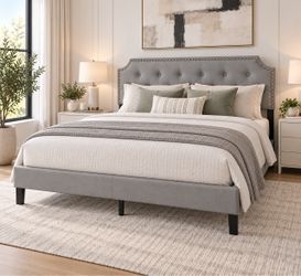 Queen Size Gray Upholstered Platform Bed Frame