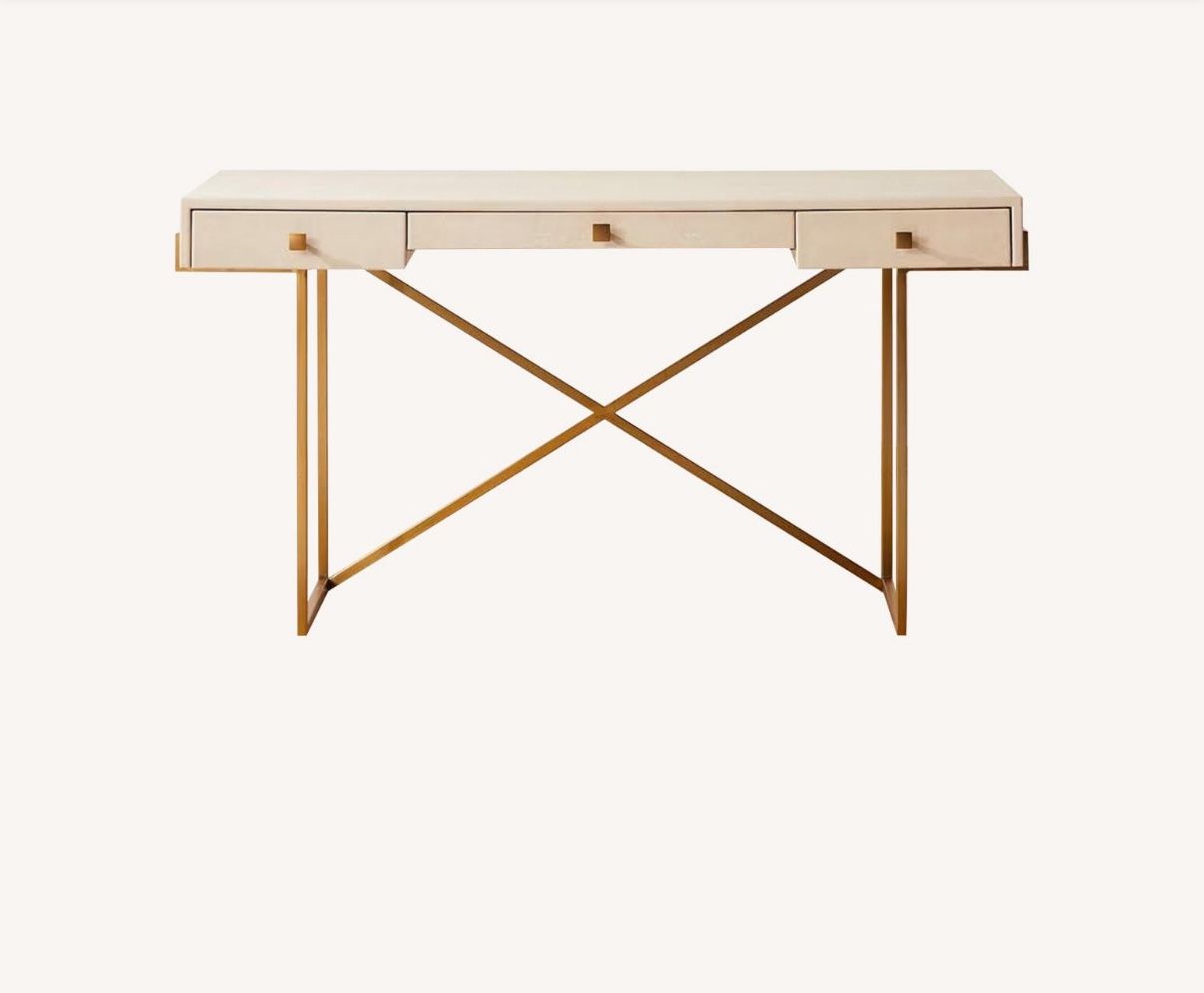 CB2 Avalon 3-Drawer Gold Desk with an Ivory Faux Shagreen top
