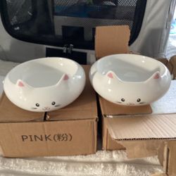 Ceramic Cat Face Pet Bowls Set of 2