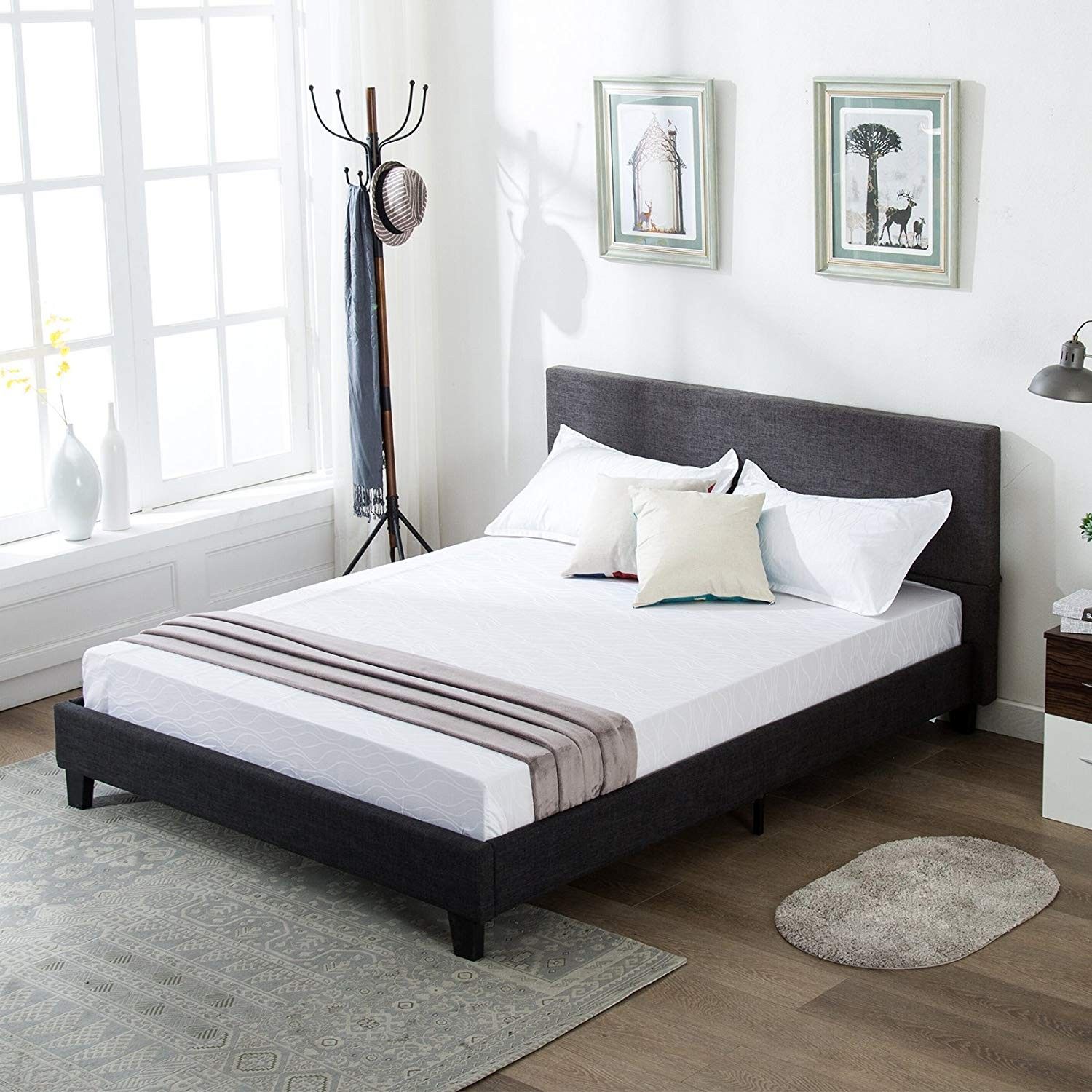 Mecor Upholstered Linen Platform Bed Frame - with Wooden Slat Support