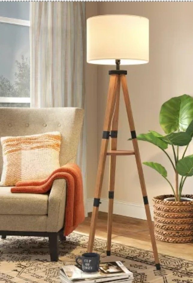 Threshold Brown Wood Tripod Floor Lamp With Shelf - New In Box