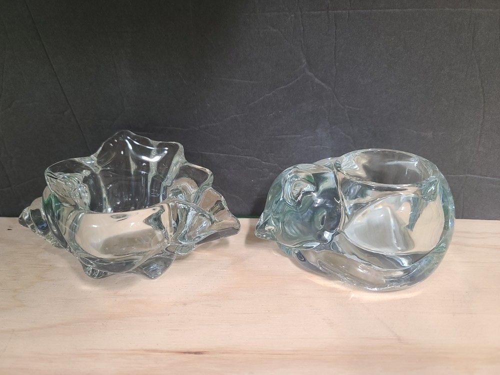 Clear Glass Seashell & Cat Candle Holders 