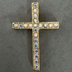 Gold Shinny Shimmery Gold Tone & Rhinestone Cross 
