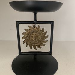 Vintage Metal Pillar Candle Holder Black Brass Hanging Sun Decor 6"