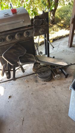 Bench press, bars, and weights
