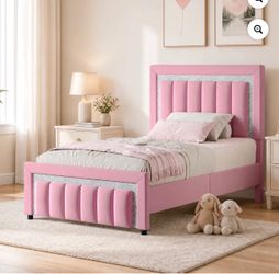 Pink Velvet Upholstered Twin Bed Frame