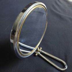 1950s Style Vanity Hand Mirror Convertible Brass & Silver Tone Metal 6.25"X 12"