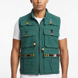 Handwoven Green Utility Vest Boho Festival Cargo Multi Pocket Men’s S