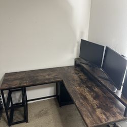 L Shape Office Desk With Monitor Riser Stand