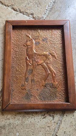 Copper Repoussé Fawn Wall Art Wood Frame