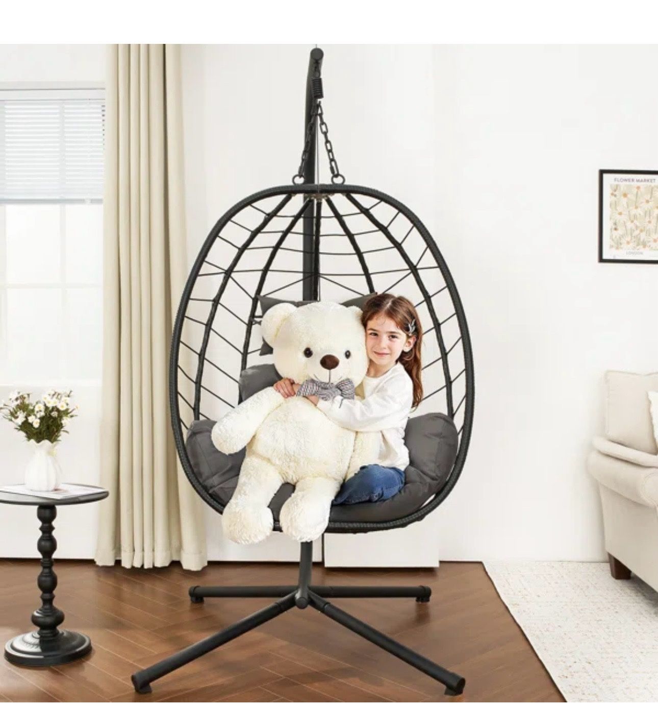 Hanging Egg Chair with Stand, Outdoor Indoor Egg Swing Chair with Cushion Headrest, Rattan Wicker Egg Chair with Dual Chains, 350LBS Capacity for Pati
