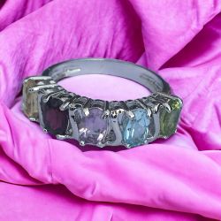 Lovely Sterling Silver 925 Women's Multi-Stone Ring, Size 7, Garnet Amethyst Topaz