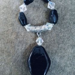 Boho choker Crystal leather black woman's necklace brand new onyx silver glass