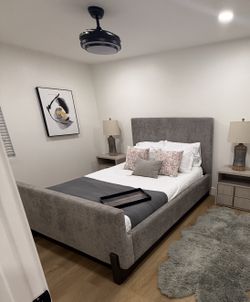 Brand New Upholstered Grey Fabric Queen Size Bed