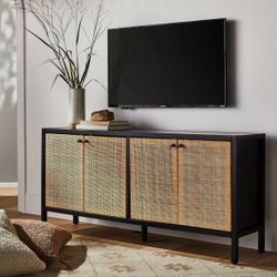 Threshold Springville Caned Door 60" Wooden TV Stand Black and Natural Cane-Front Cabinet