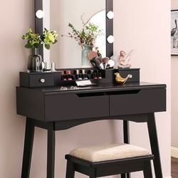 Vanity with Lighted Mirror and Stool – Like New