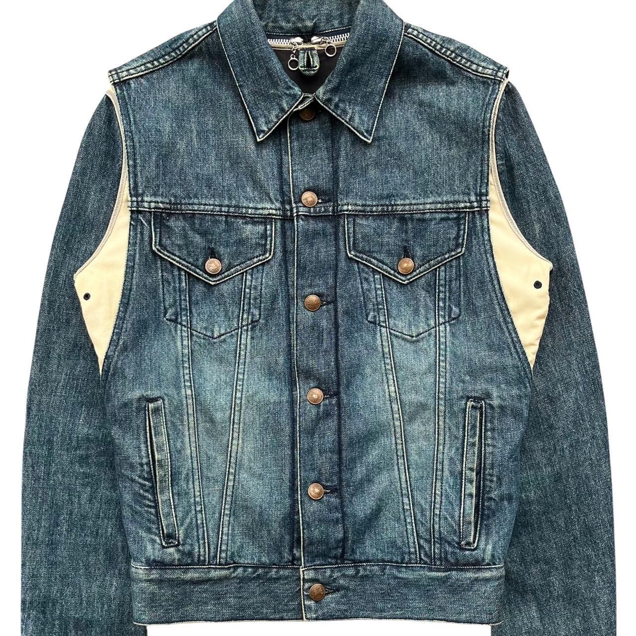 DESIGNER MAISON MIHARA YASUHIRO - Tagged size S. Fits S/M, see flat measurements. This slim cut, type 3 style denim jacket features a 2 piece construc